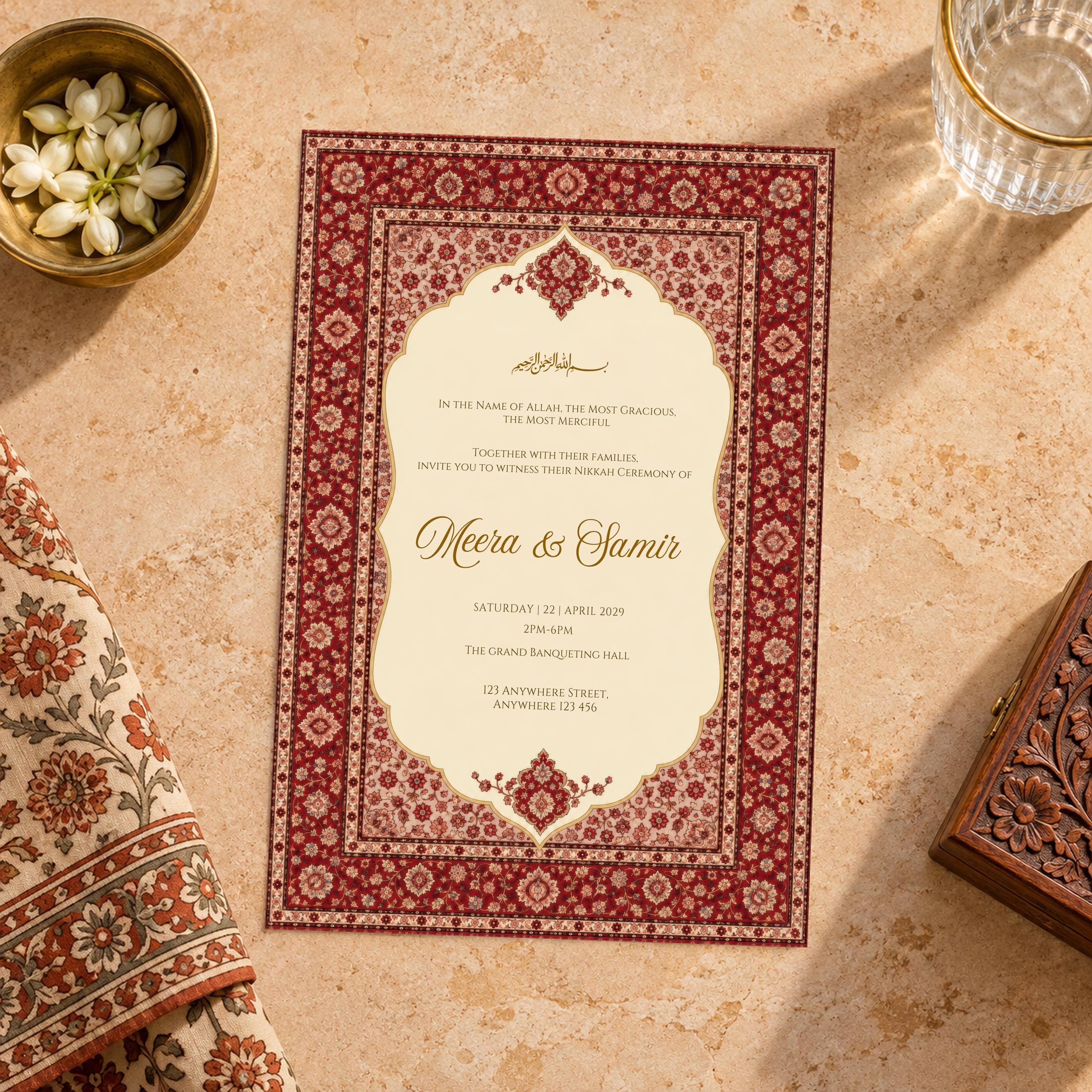 Gold Burgundy Nikkah Invitation, Islamic Wedding Invite Card, Red Persian Carpet, Walima Announcement, Editable Canva Template, SAFIRA - image 5