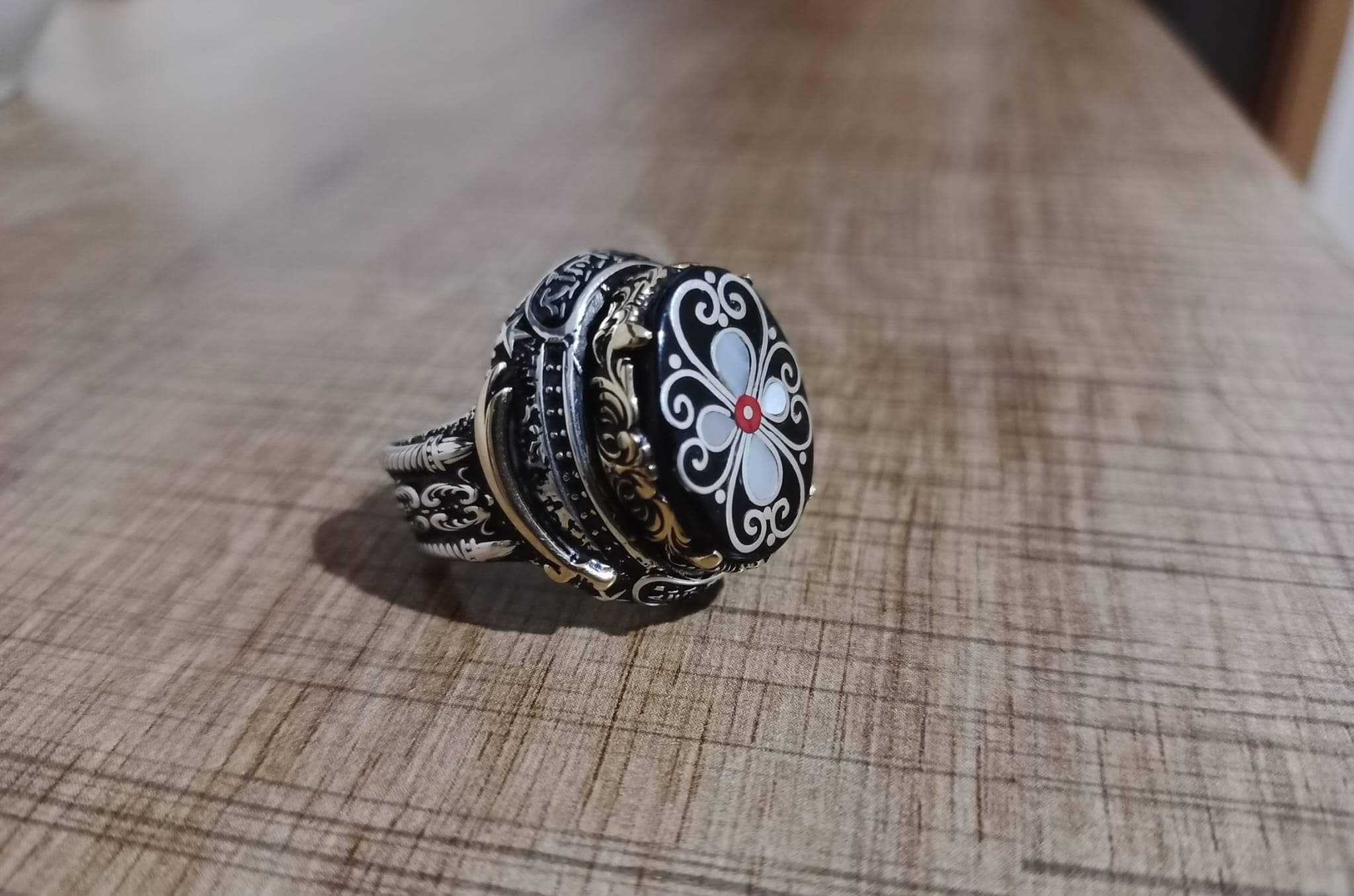 Handcrafted Jet Stone and Mother of Pearl Ring, 925 Sterling Silver Men Signet Ring, Floral Black Amber Inlay Ring, Artisan Gift for Him