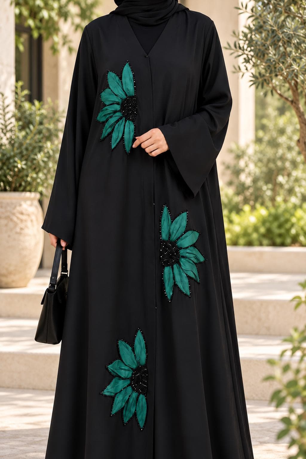 Luxury Black Floral Embellished Open Front Abaya, Nida Style Modest Maxi Dress, Liyana Abaya, Size 54, Ramadan and Eid Outfit