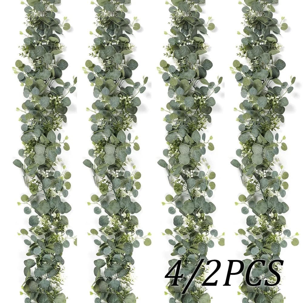 Eucalyptus Garland with White Flower, Faux floral Vine, Artificial Wedding Arch swag, table runner greenery, mantel party decor 4/2PCS