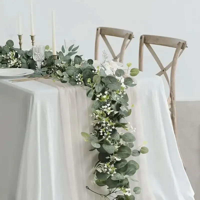 Eucalyptus Garland with White Flower, Faux floral Vine, Artificial Wedding Arch swag, table runner greenery, mantel party decor 4/2PCS - image 4