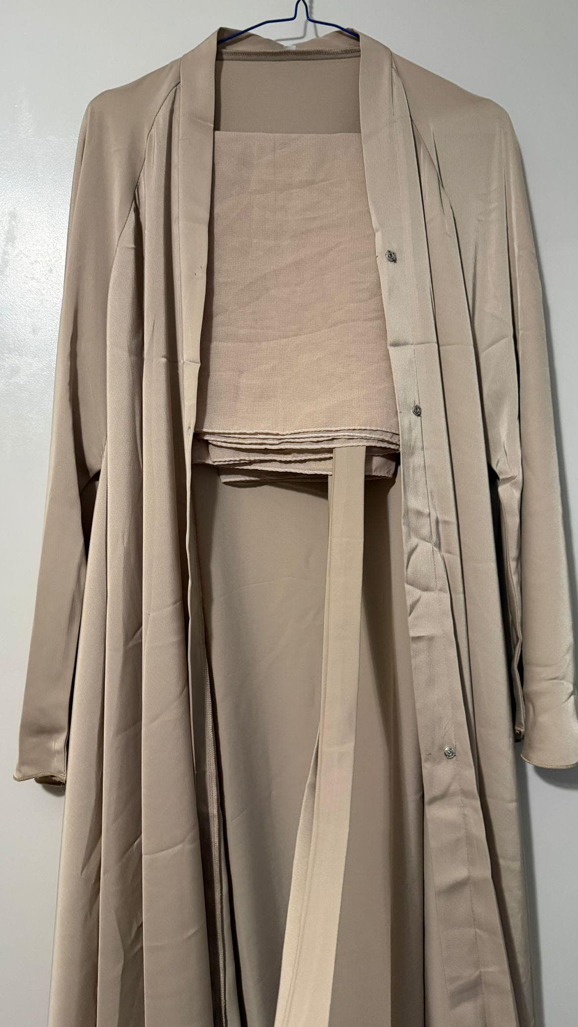 Beige Satin Abaya Set – Flowy Kimono, Waist Adjuster, Matching Hijab (Size 54) - image 3