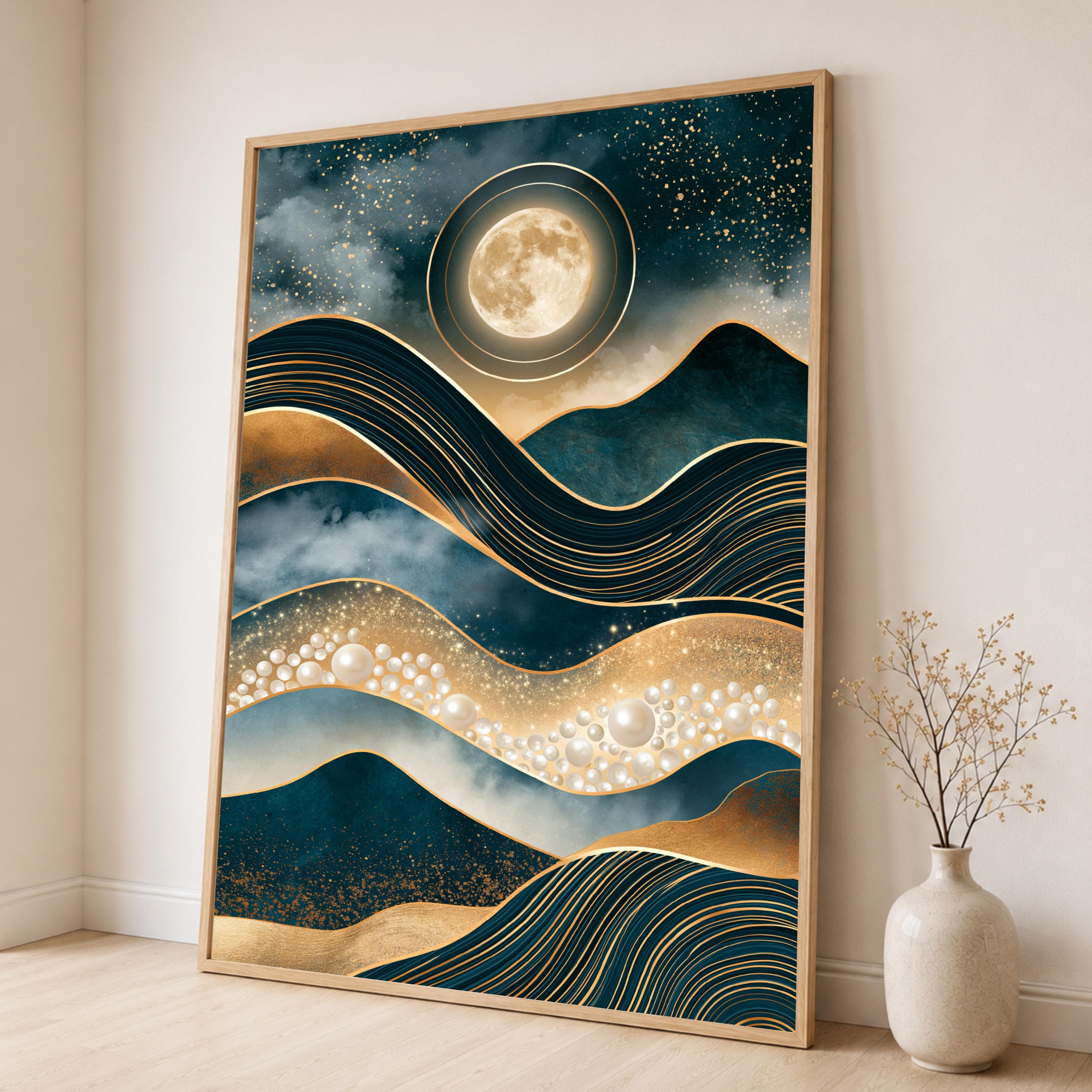 Moonlit Waves Canvas Print, Abstract Wall Art with Gold and Blue Tones for Modern Home Decor in Living Room or Bedroom, moonlit waves art - image 4