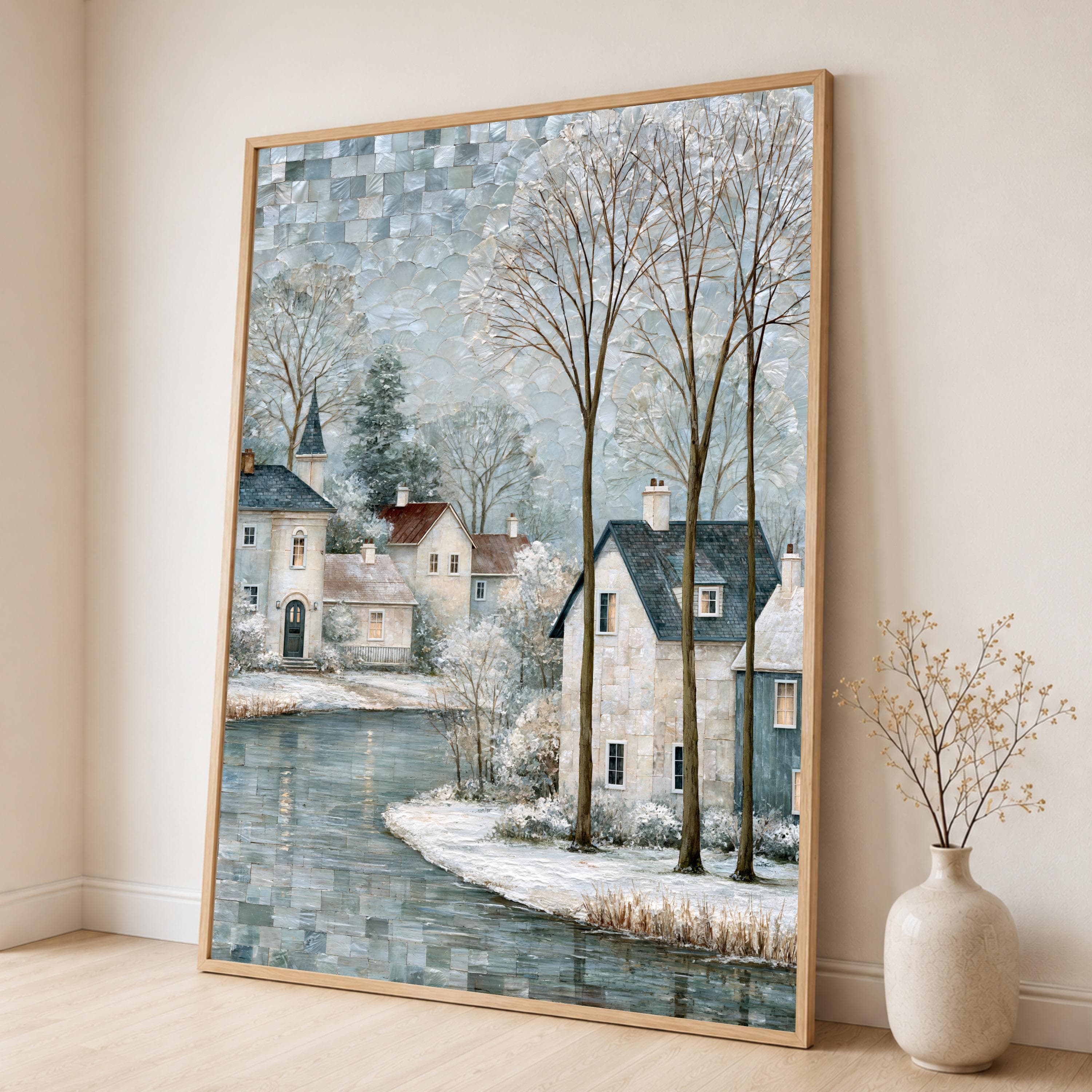 Vintage Winter Landscape Canvas Print, Serene Snowy Village Scene with River and Trees, Cozy Home Decor for Living Room, winter wall art - image 4