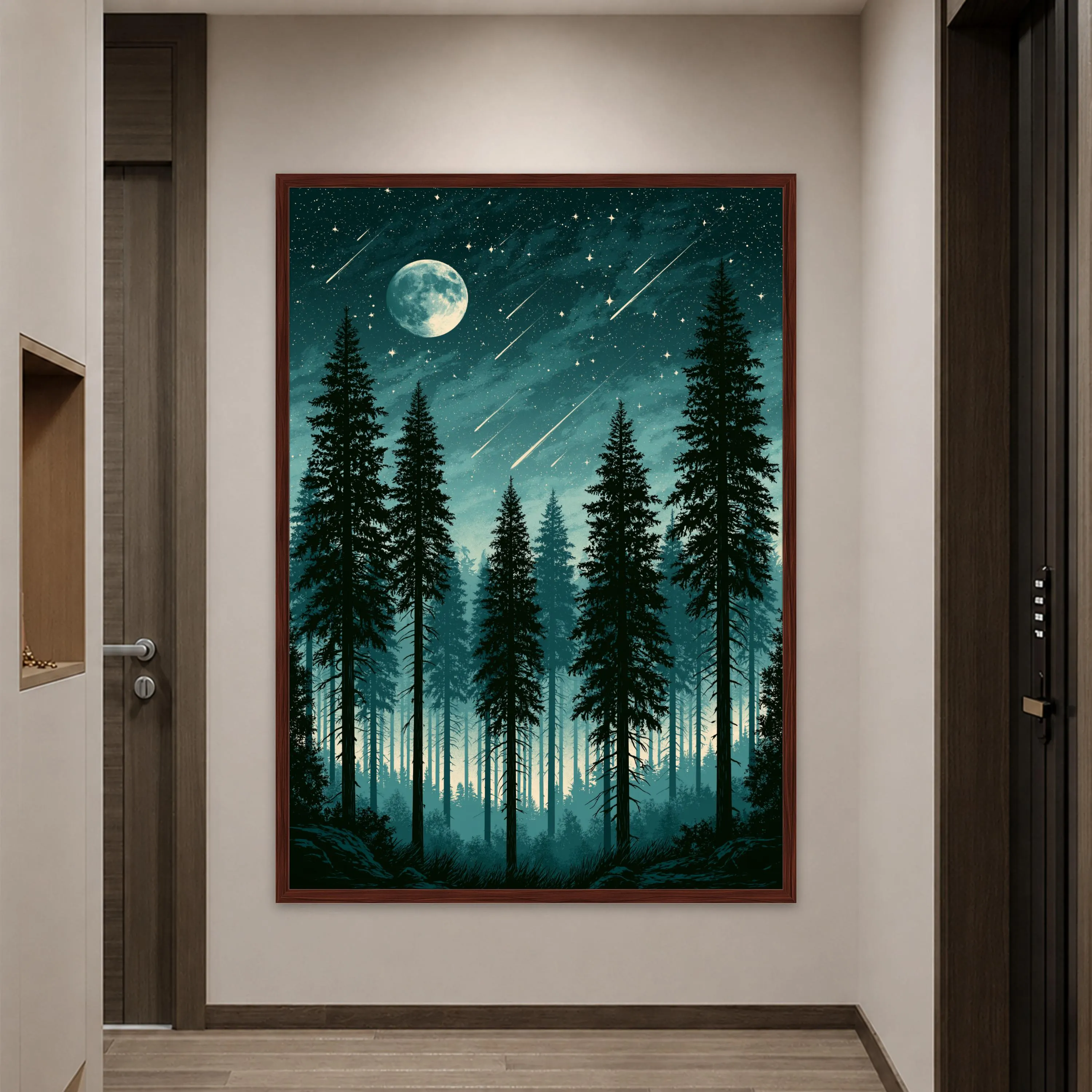 Moody Forest Canvas Print, Starry Night Sky with Full Moon, Pine Trees and Shooting Stars, Nature Wall Art for Home Decor - image 5