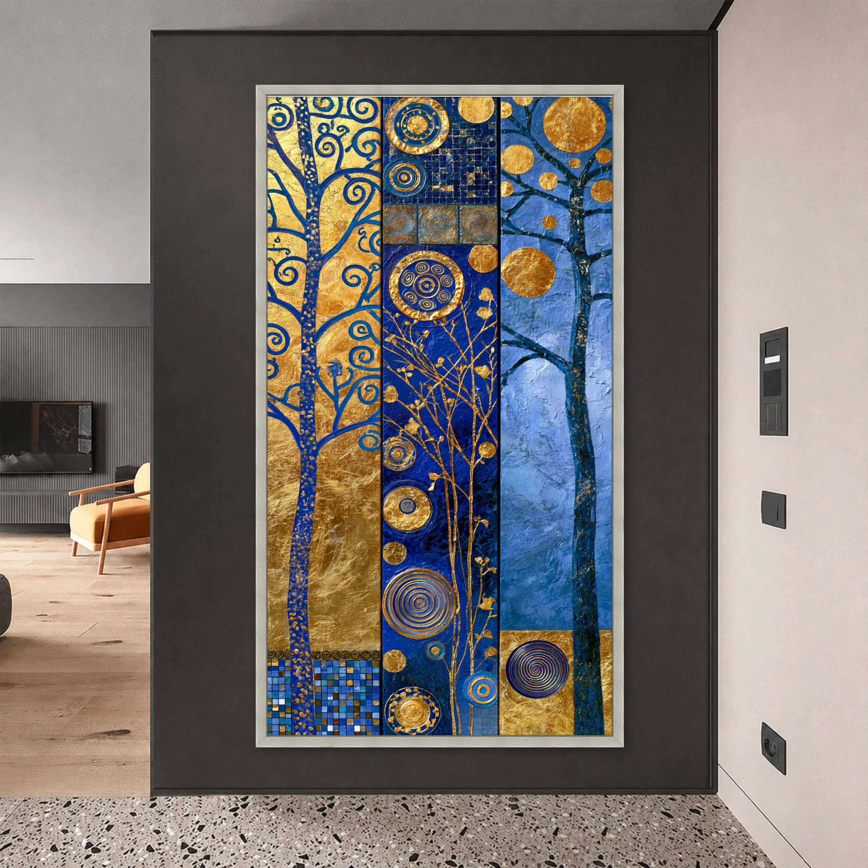 Blue and Gold Abstract Canvas Print, Modern Wall Art with Spirals and Trees, Unique Decor for Living Room or Bedroom, abstract wall art - image 5