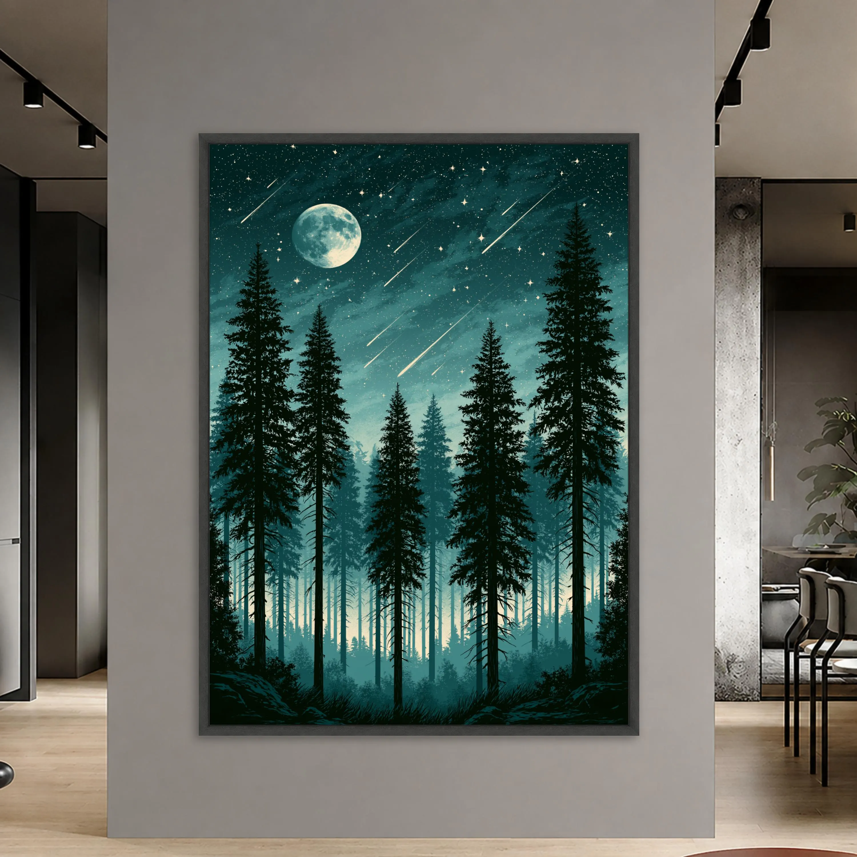 Moody Forest Canvas Print, Starry Night Sky with Full Moon, Pine Trees and Shooting Stars, Nature Wall Art for Home Decor - image 3