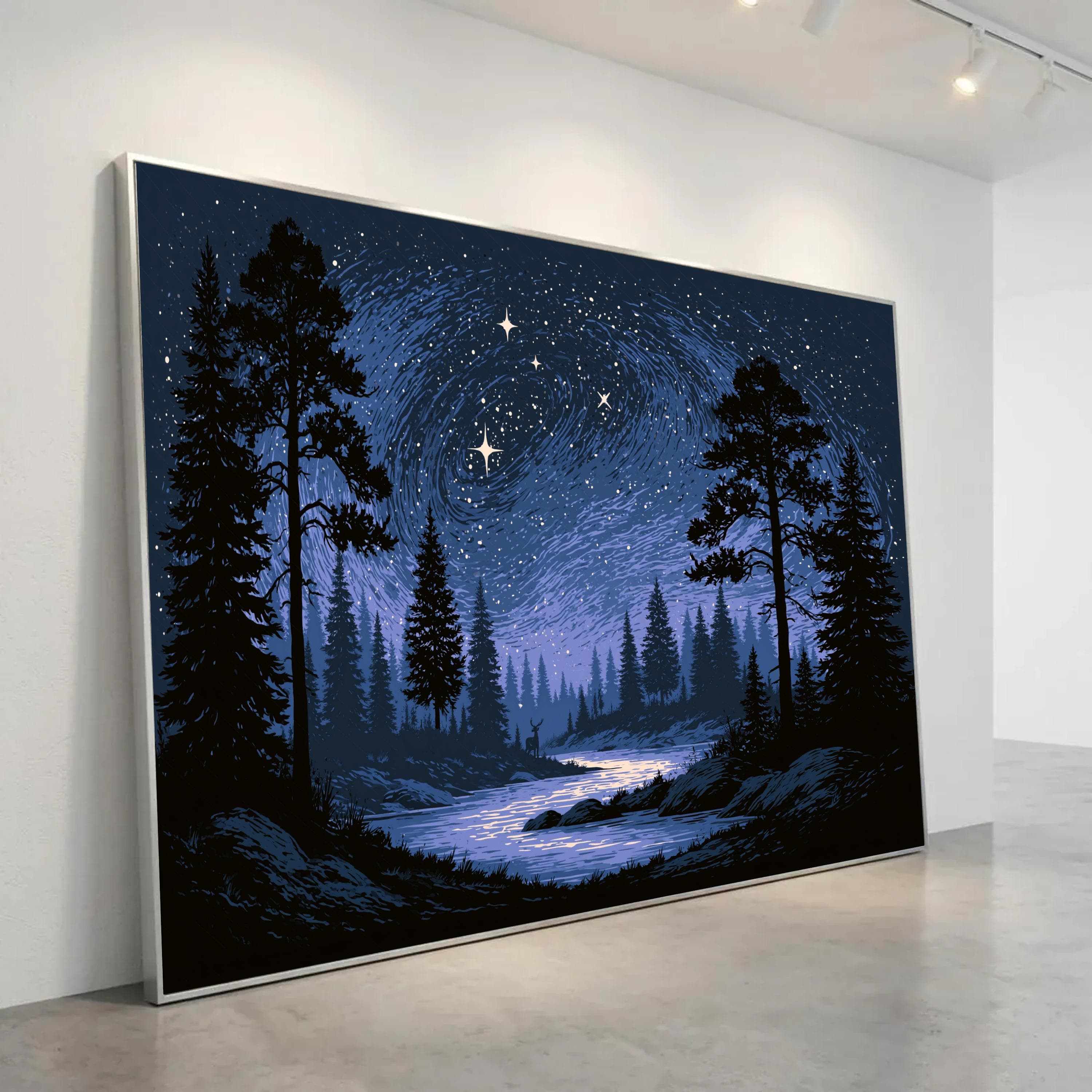 Moody Night Sky Canvas Print, Starry Forest and River Scene, Nature Wall Art for Living Room or Bedroom Decor, night sky print - image 3