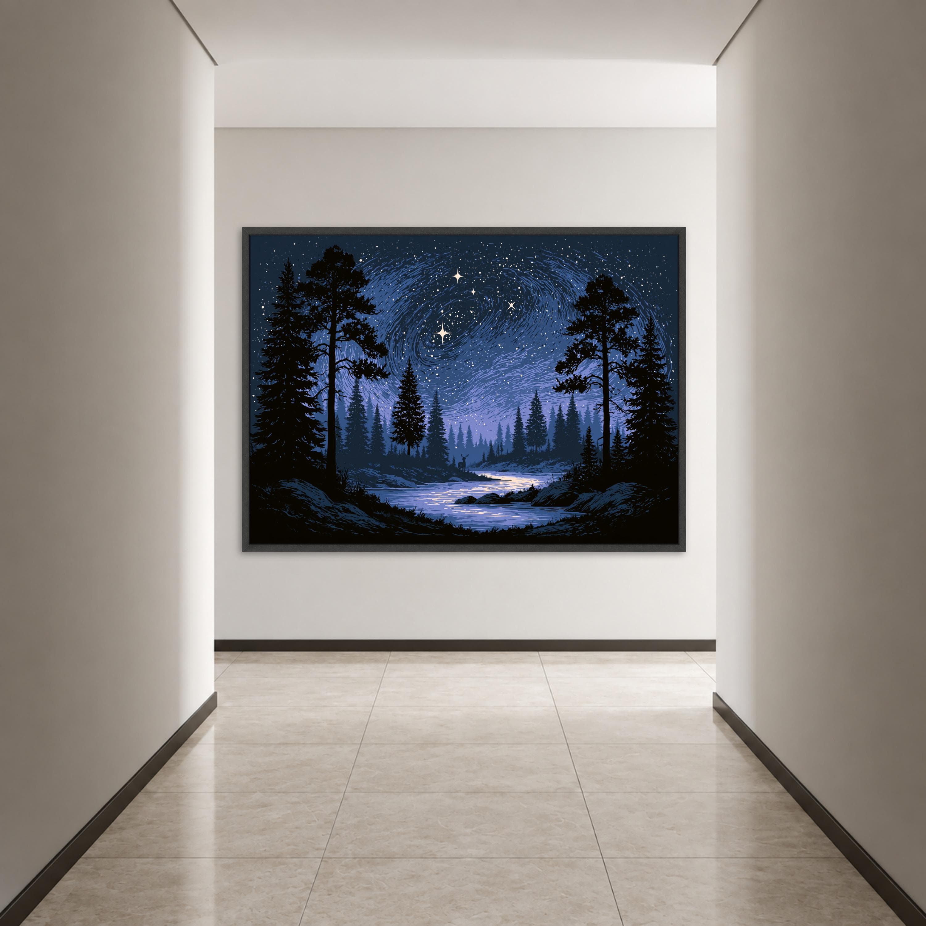 Moody Night Sky Canvas Print, Starry Forest and River Scene, Nature Wall Art for Living Room or Bedroom Decor, night sky print - image 4