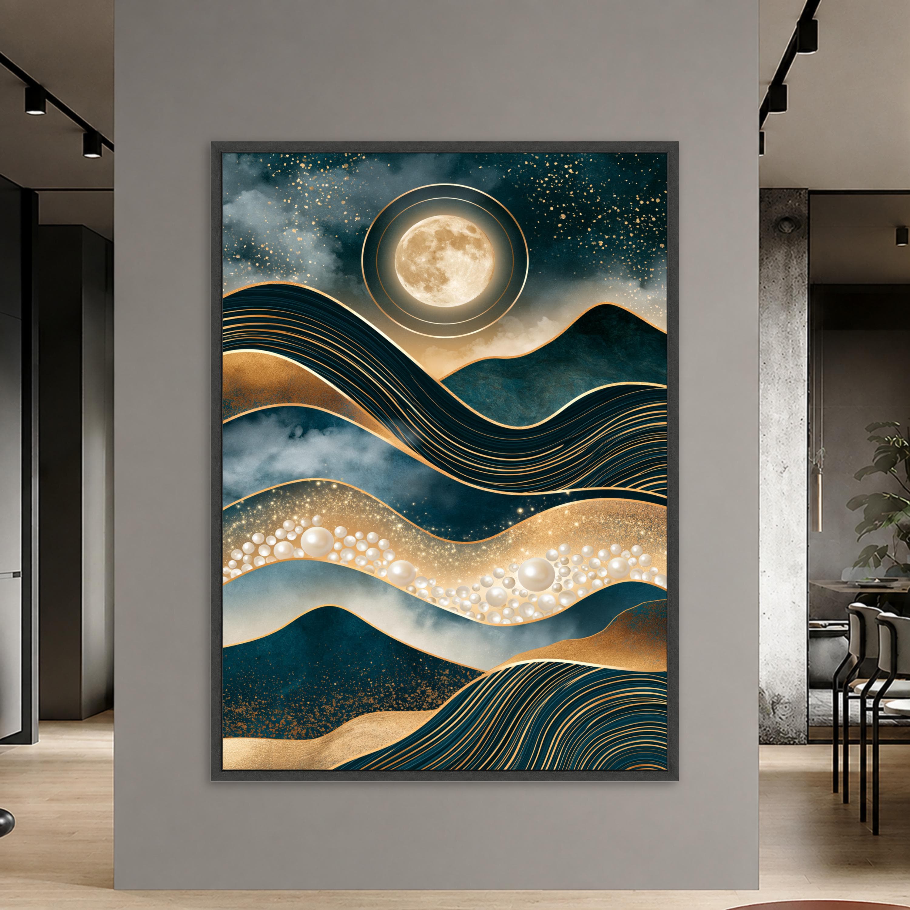 Moonlit Waves Canvas Print, Abstract Wall Art with Gold and Blue Tones for Modern Home Decor in Living Room or Bedroom, moonlit waves art - image 3