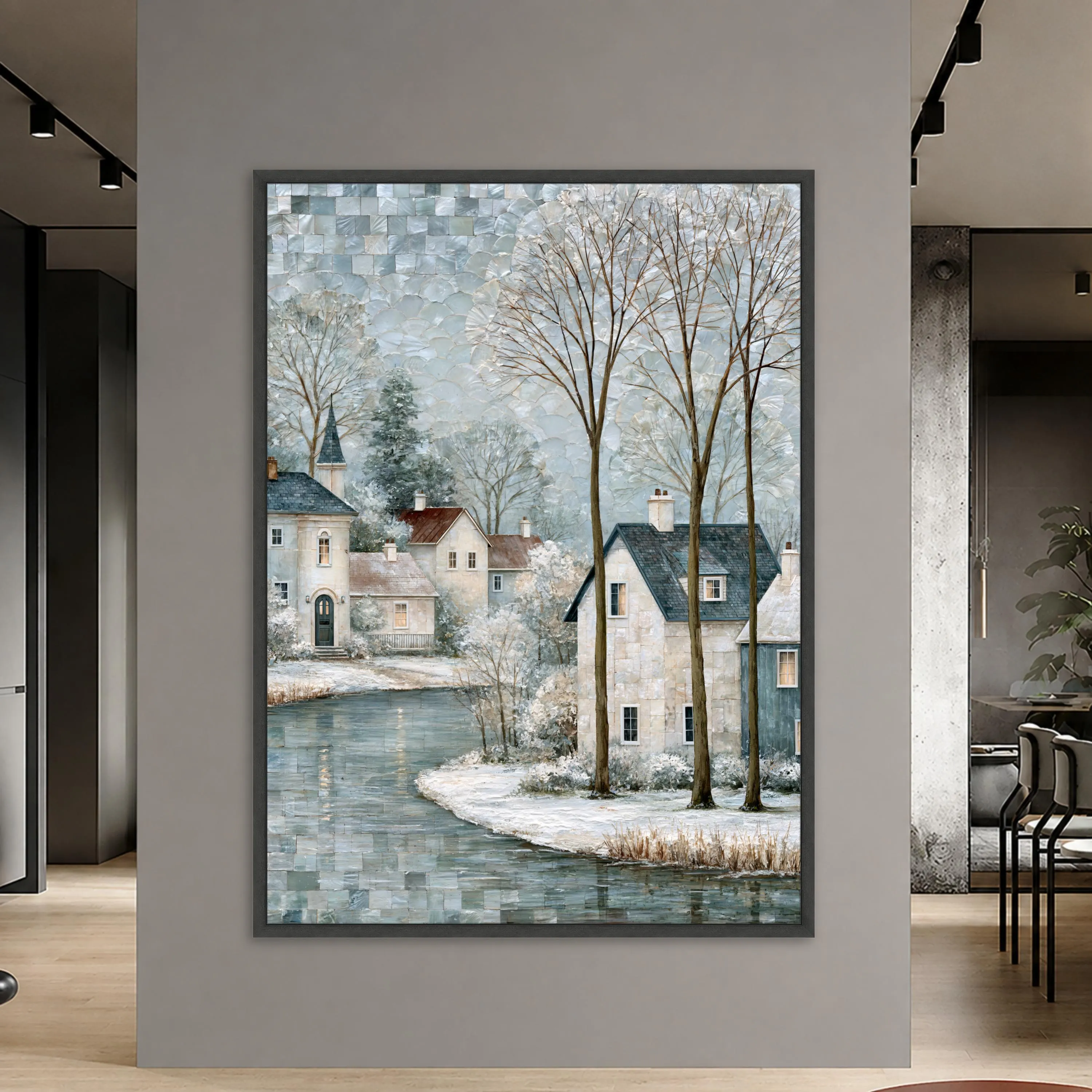 Vintage Winter Landscape Canvas Print, Serene Snowy Village Scene with River and Trees, Cozy Home Decor for Living Room, winter wall art - image 3