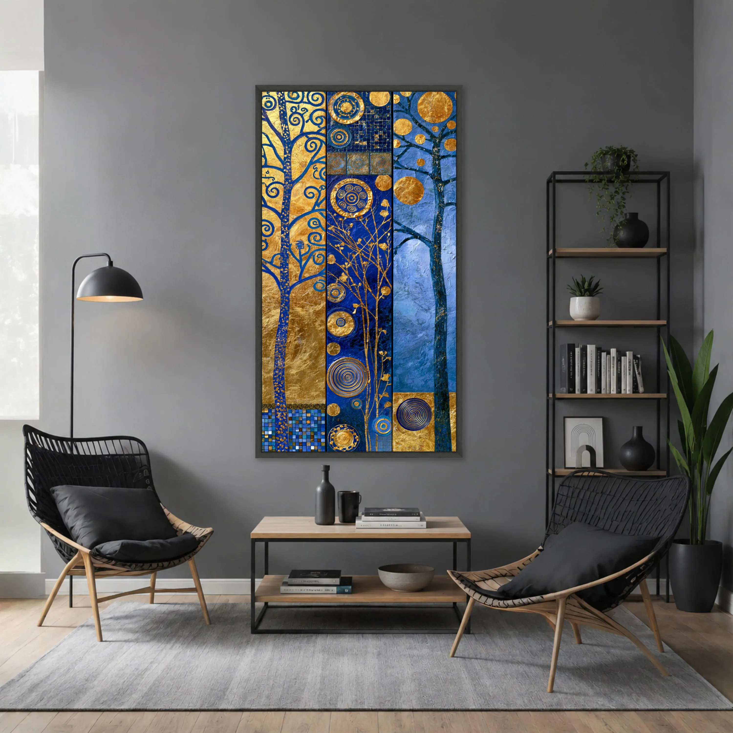 Blue and Gold Abstract Canvas Print, Modern Wall Art with Spirals and Trees, Unique Decor for Living Room or Bedroom, abstract wall art - image 4