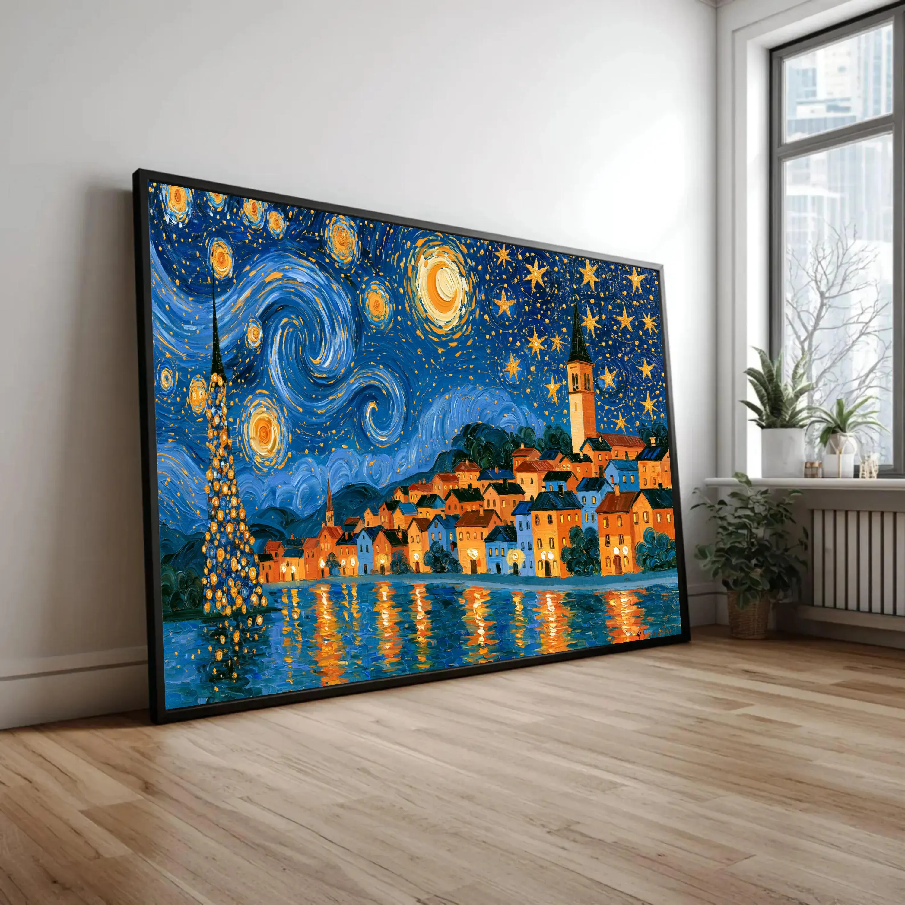 Starry Night City Canvas Print, Vibrant Art for Living Room, Colorful Wall Decor, Night Sky Landscape, Home Aesthetic Art - image 3