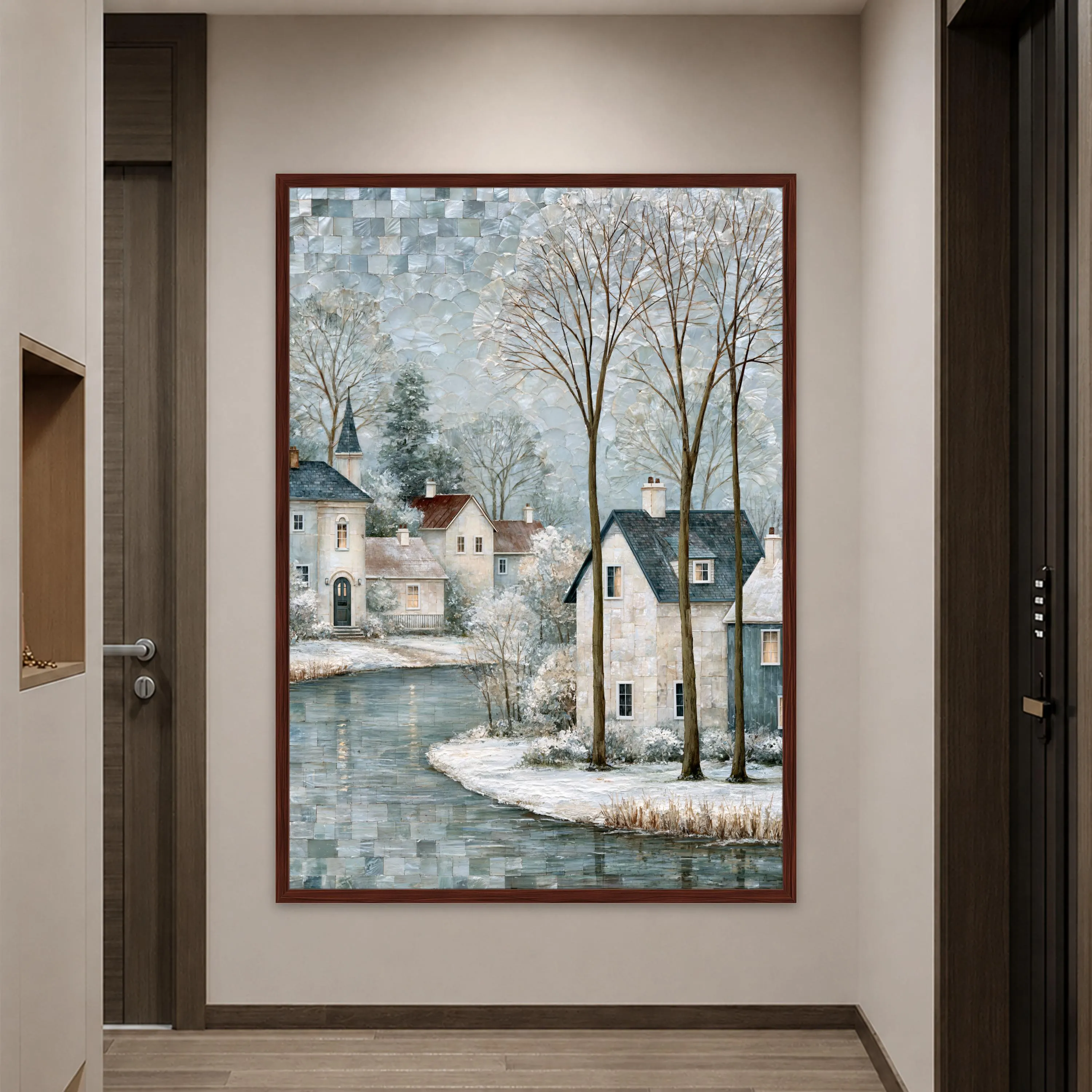 Vintage Winter Landscape Canvas Print, Serene Snowy Village Scene with River and Trees, Cozy Home Decor for Living Room, winter wall art - image 5