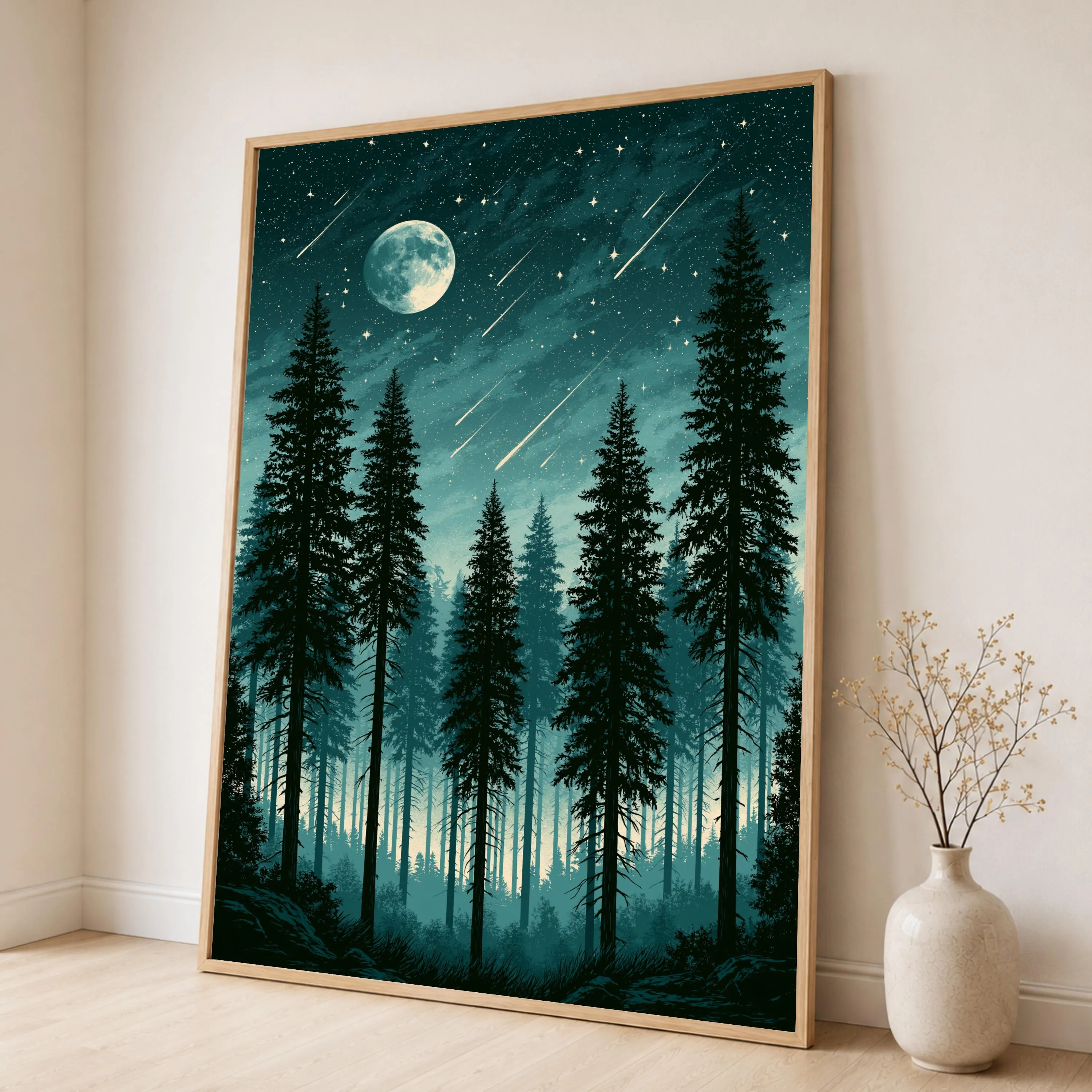 Moody Forest Canvas Print, Starry Night Sky with Full Moon, Pine Trees and Shooting Stars, Nature Wall Art for Home Decor - image 4