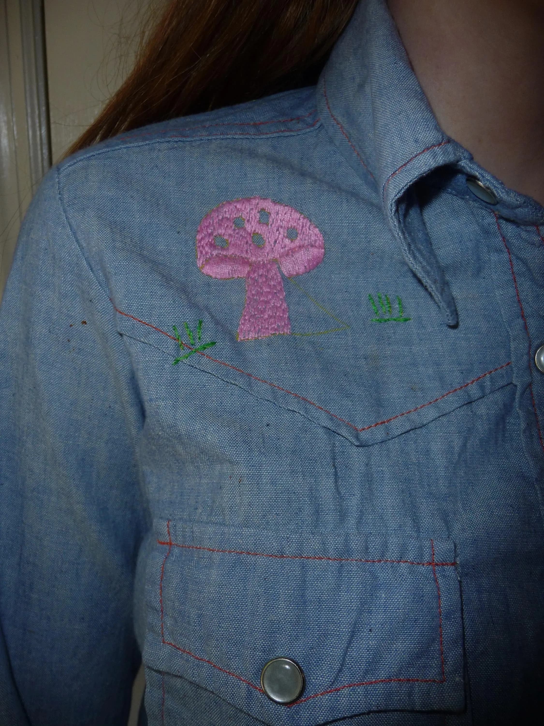 vintage western denim shirt with embroidery, toad stools, palm tree, toucan, sun on back and front