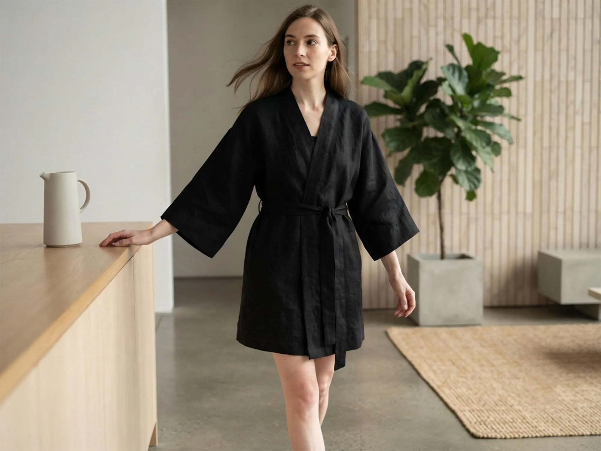 women's Linen Kimono Robe Beachwear Style Wrap Bathrobe Resort Loungewear Holiday Summer Evening robe - image 2