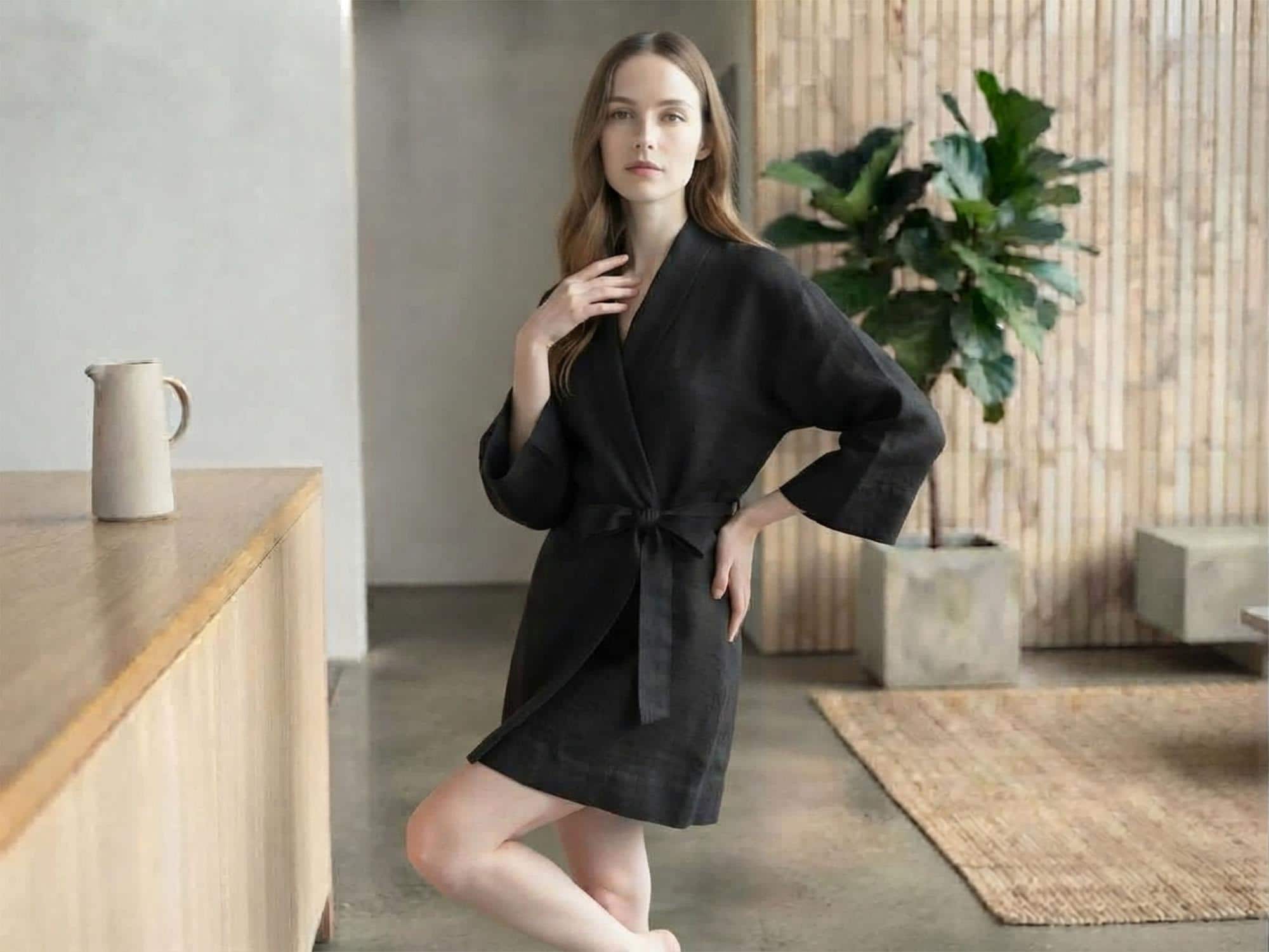 women's Linen Kimono Robe Beachwear Style Wrap Bathrobe Resort Loungewear Holiday Summer Evening robe