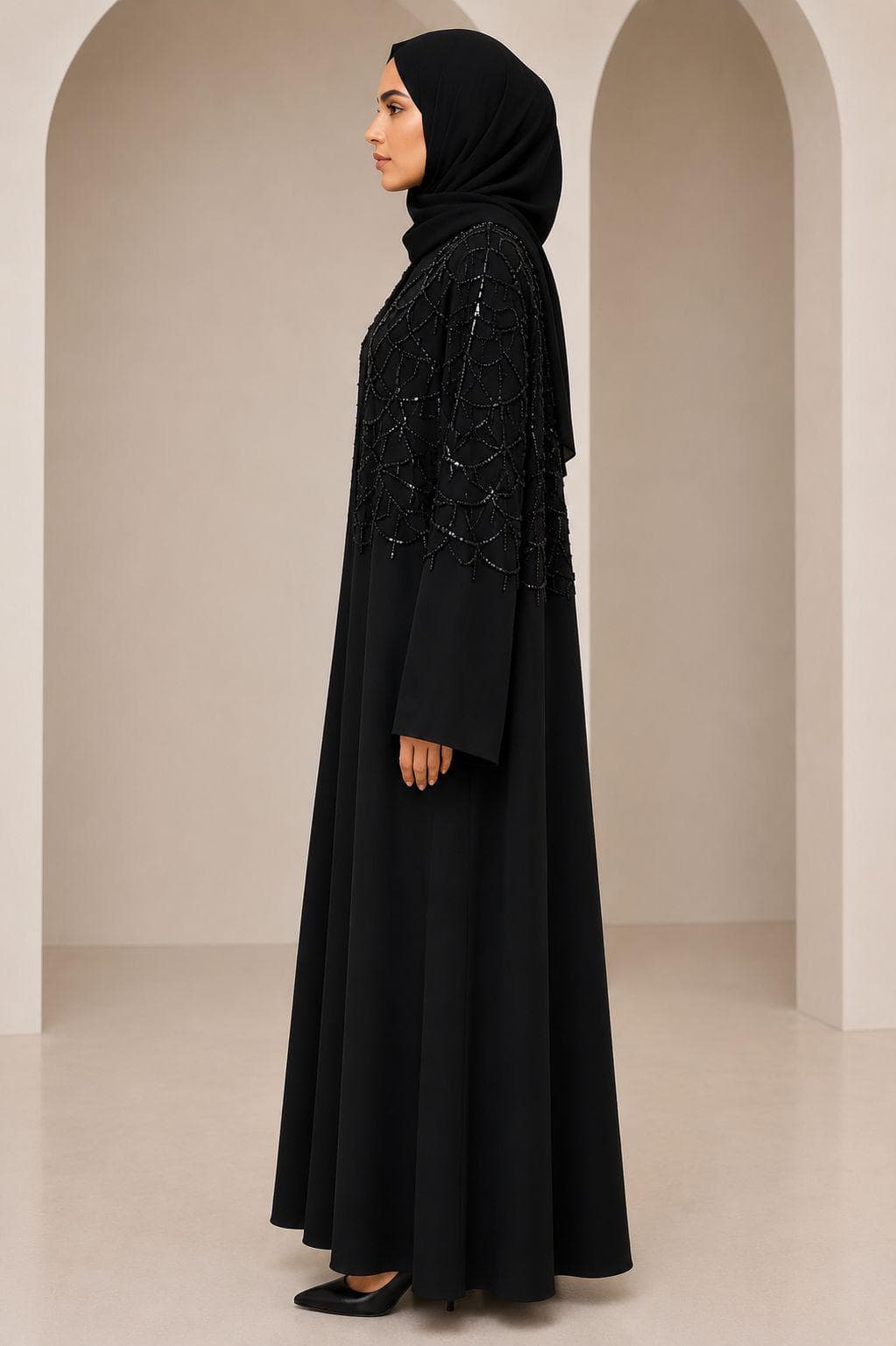 Luxury Beaded Abaya, Open Front Dubai Style, Korean Nida Fabric, Matching Hijab - image 3