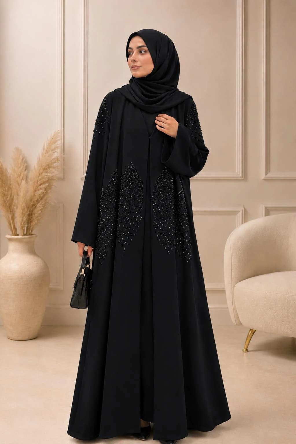 Luxury Beaded Kimono Abaya Set | Korean Nida Modest Muslim Dress (3 Piece)