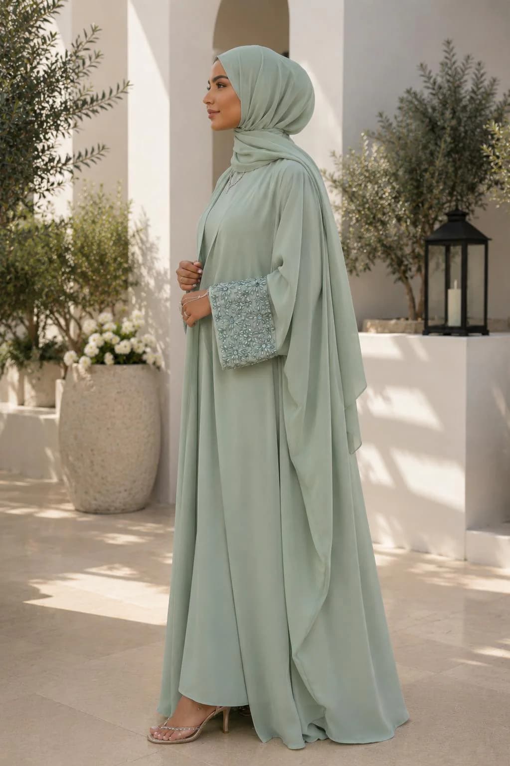 Sage Green Kaftan Abaya, Hand Beaded Floral Cuffs, Modest Muslim Dress - image 5