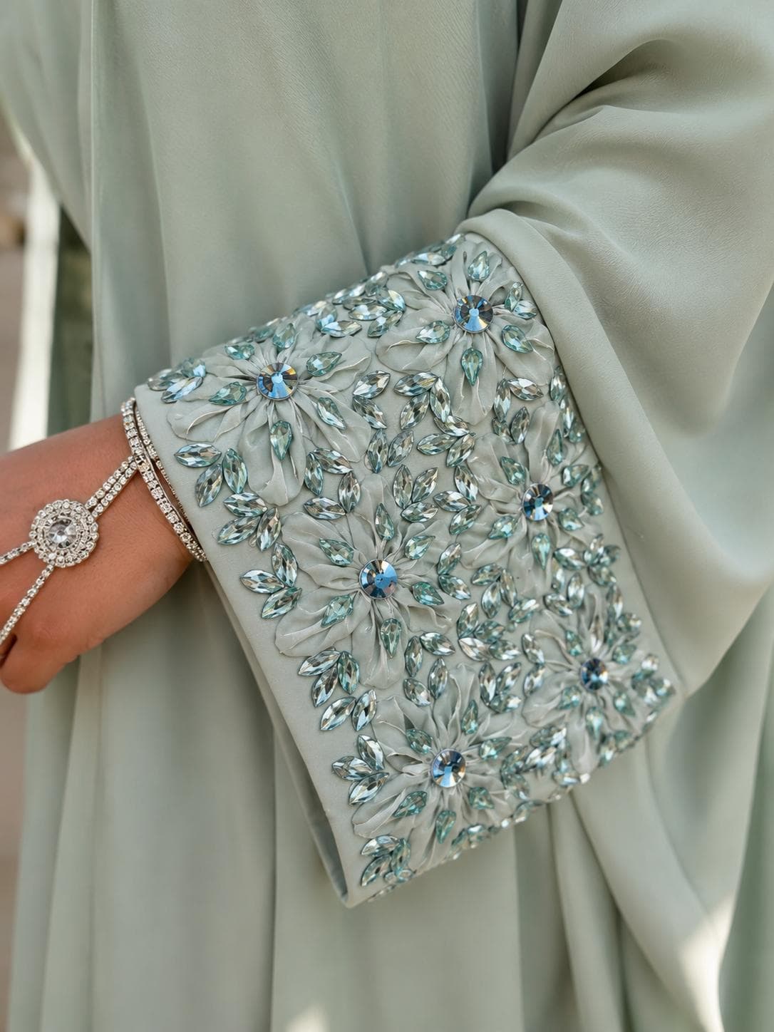 Sage Green Kaftan Abaya, Hand Beaded Floral Cuffs, Modest Muslim Dress