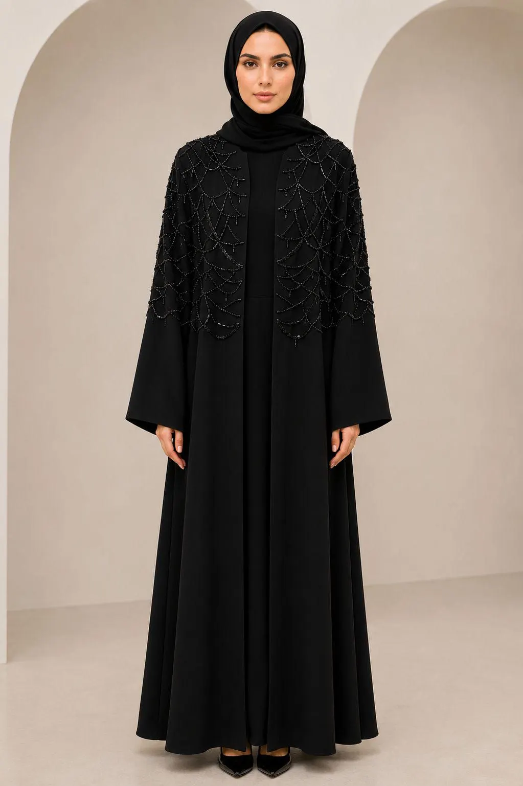 Luxury Beaded Abaya, Open Front Dubai Style, Korean Nida Fabric, Matching Hijab