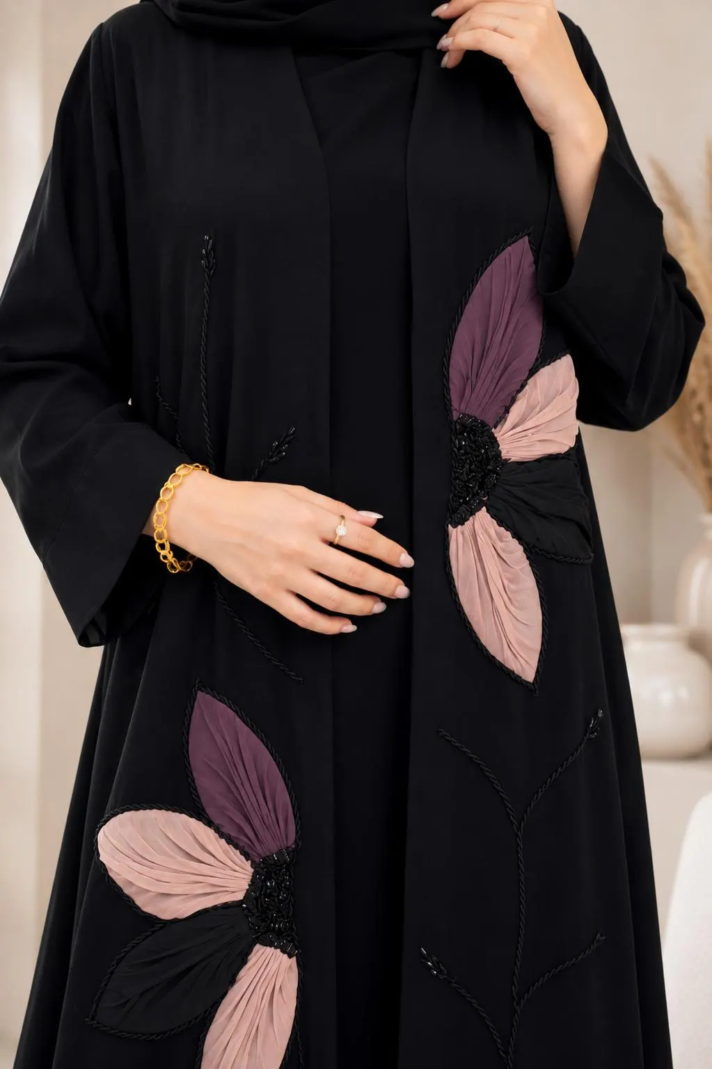 Black Open Front Abaya | Handmade 3D Floral Appliqué Kimono | Modest Eid Outfit