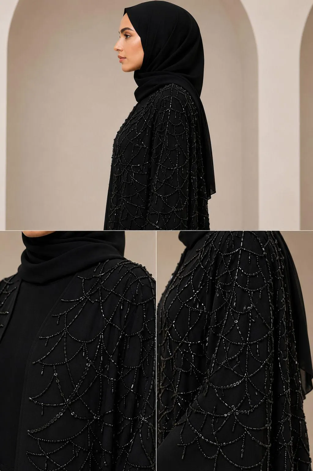 Luxury Beaded Abaya, Open Front Dubai Style, Korean Nida Fabric, Matching Hijab - image 5