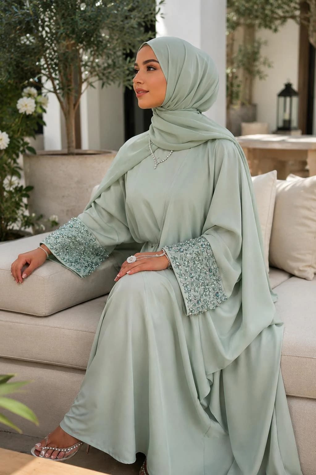 Sage Green Kaftan Abaya, Hand Beaded Floral Cuffs, Modest Muslim Dress - image 3