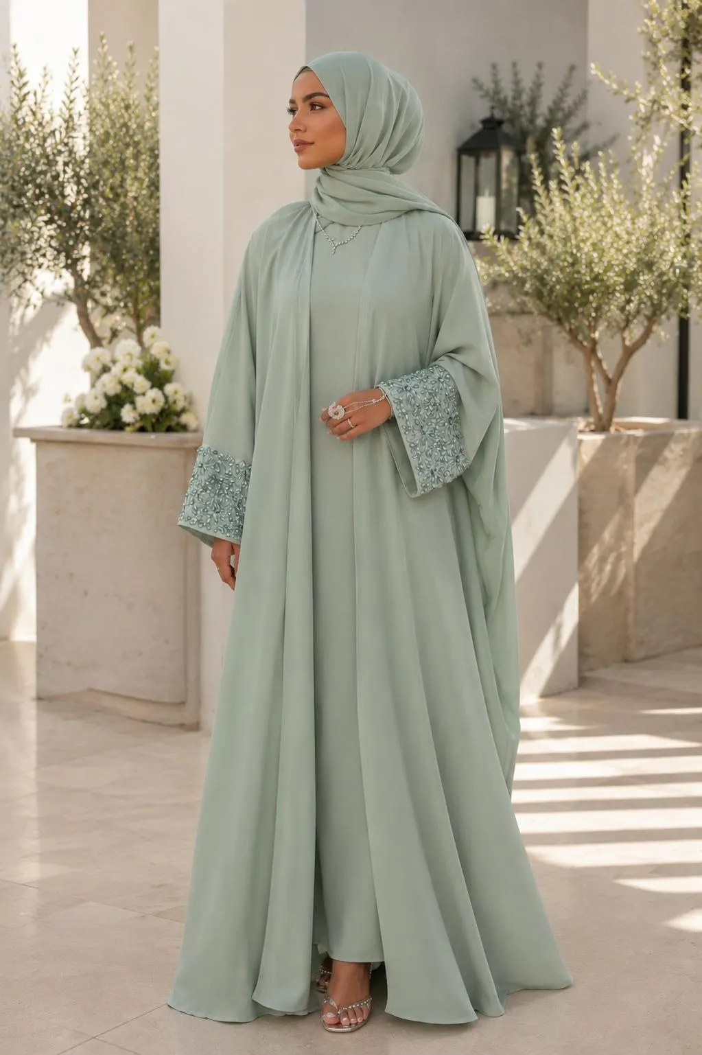 Sage Green Kaftan Abaya, Hand Beaded Floral Cuffs, Modest Muslim Dress - image 4