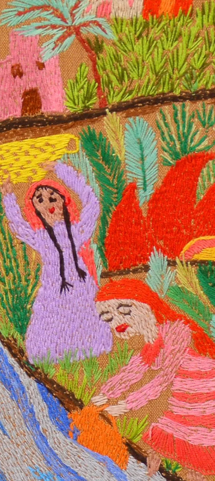 Hand-Embroidered Egyptian Folk Art Tapestry, Camel Cotton, Nile Village Scene (26.4x17.7 Inches) - image 4