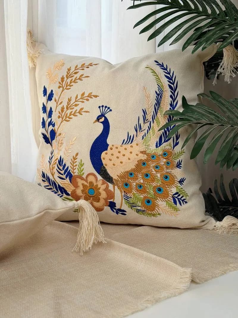 Upper Egypt Products Royal Peacock Embroidered Pillow Beige Throw Pillow Art Cushion