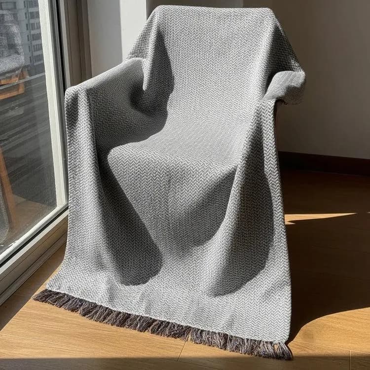 Egyptian Akhmim Cotton Sofa Throw Blanket Grey Boho Fringe Decor Cover