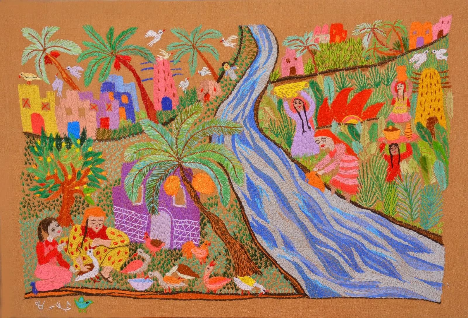 Hand-Embroidered Egyptian Folk Art Tapestry, Camel Cotton, Nile Village Scene (26.4x17.7 Inches)