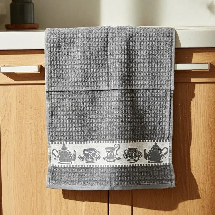 Grey Waffle Cotton Kitchen Towel, Tea Pot Pattern Dishcloth (18x26 inch)