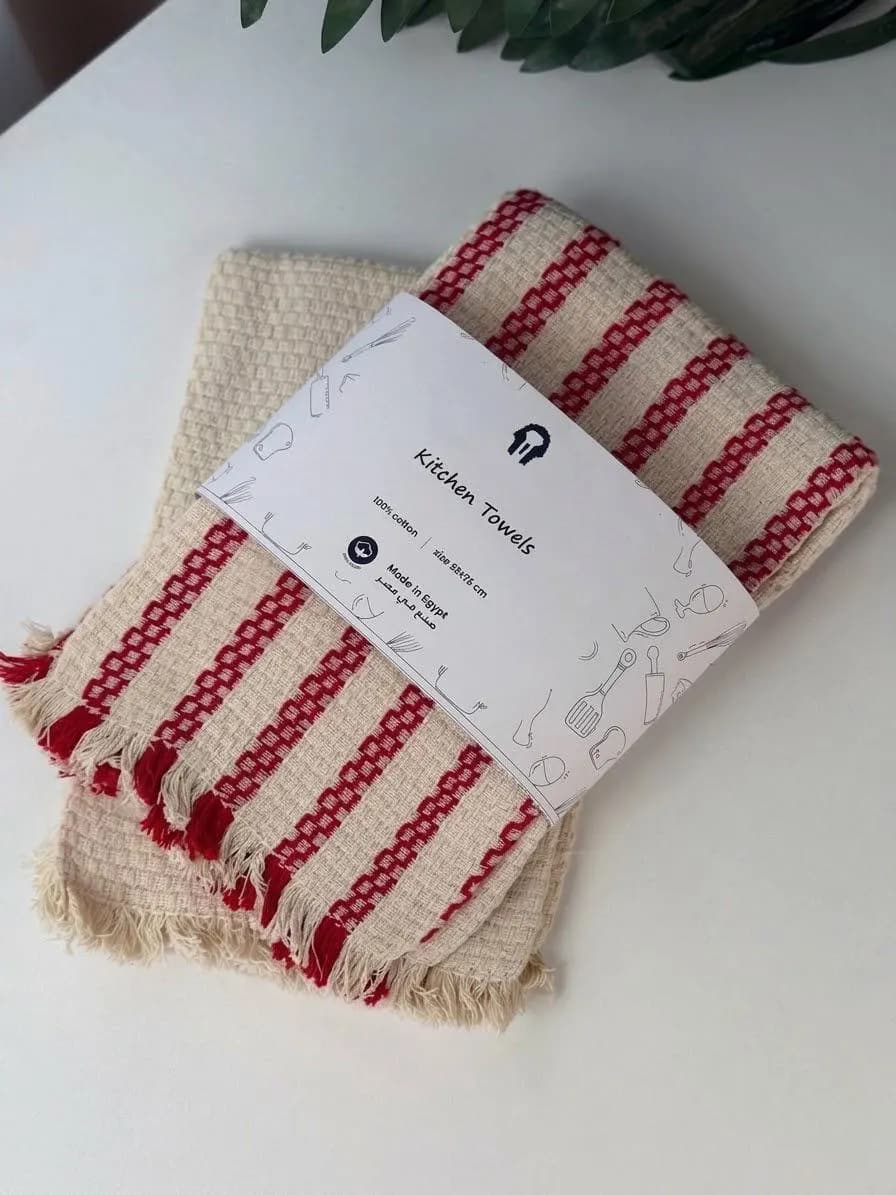 Handwoven Egyptian Cotton Kitchen Towels, Red Striped Dish Cloths (20" x 28" inch)