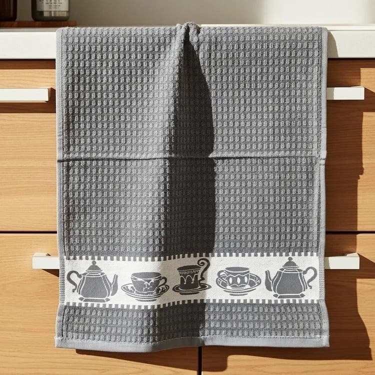 Grey Waffle Cotton Kitchen Towel, Tea Pot Pattern Dishcloth (18x26 inch) - image 3