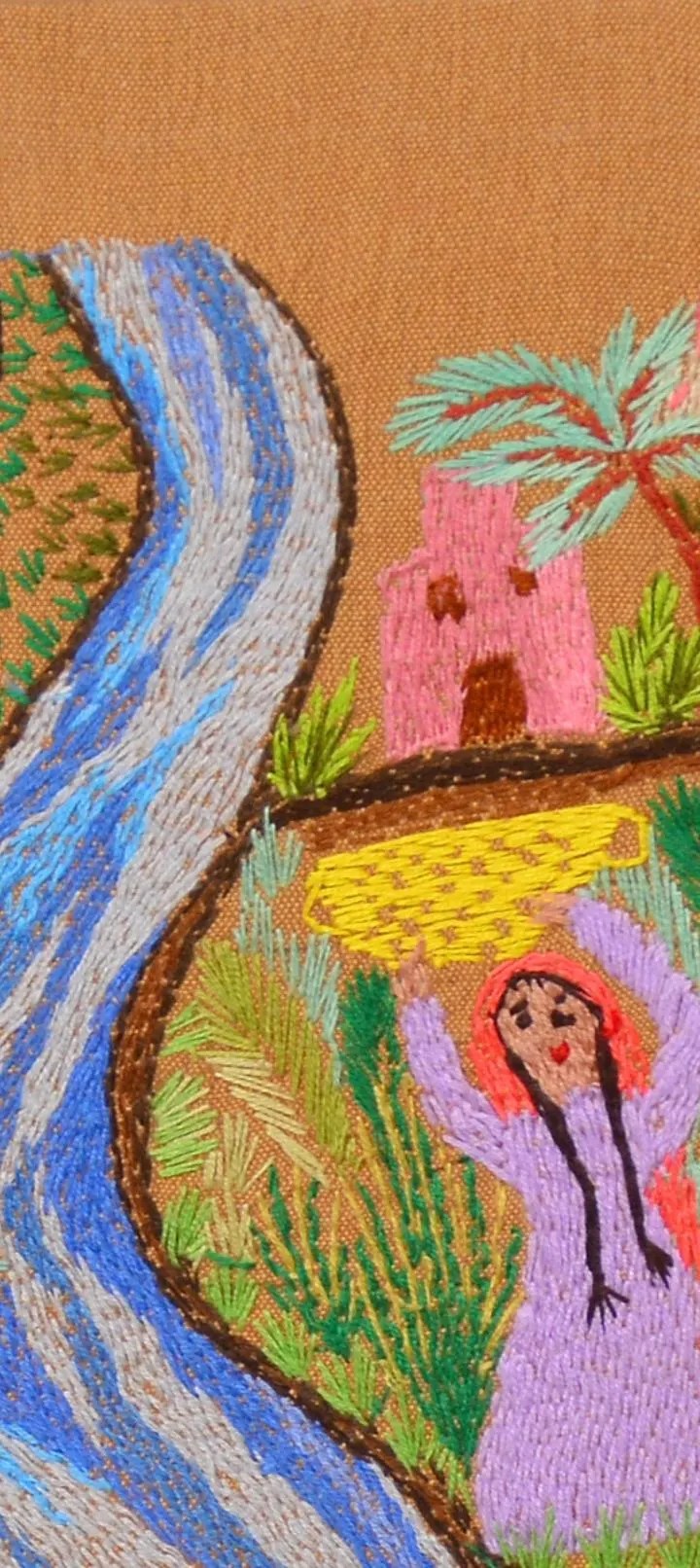 Hand-Embroidered Egyptian Folk Art Tapestry, Camel Cotton, Nile Village Scene (26.4x17.7 Inches) - image 5