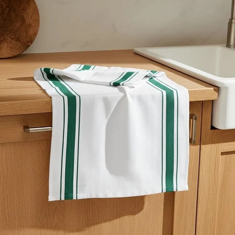 Egyptian Cotton Kitchen Towel, White with Green Stripes, Farmhouse Dishcloth (20x28 inch) - image 3