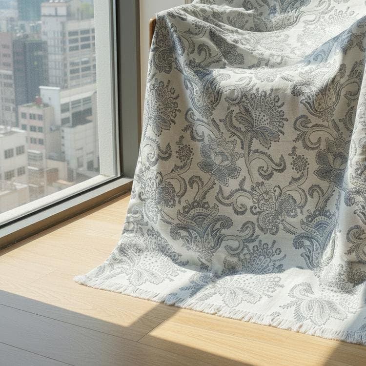 Egyptian Akhmim Grey White Cotton Throw Blanket Boho Floral Sofa Cover