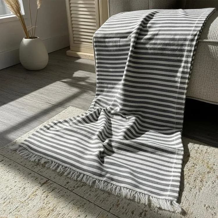 Akhmim Egyptian Products Dark Grey Striped Sofa Cover Throw 35x86 inches