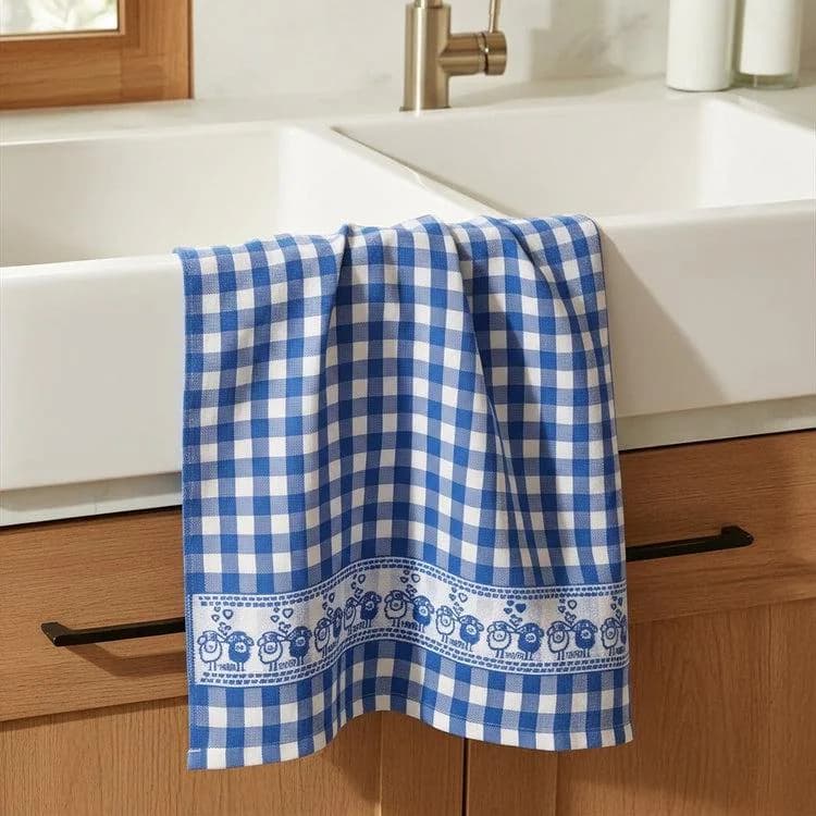 Blue Gingham Egyptian Cotton Kitchen Towel, Sheep Border Dishcloth (20x28 inch)