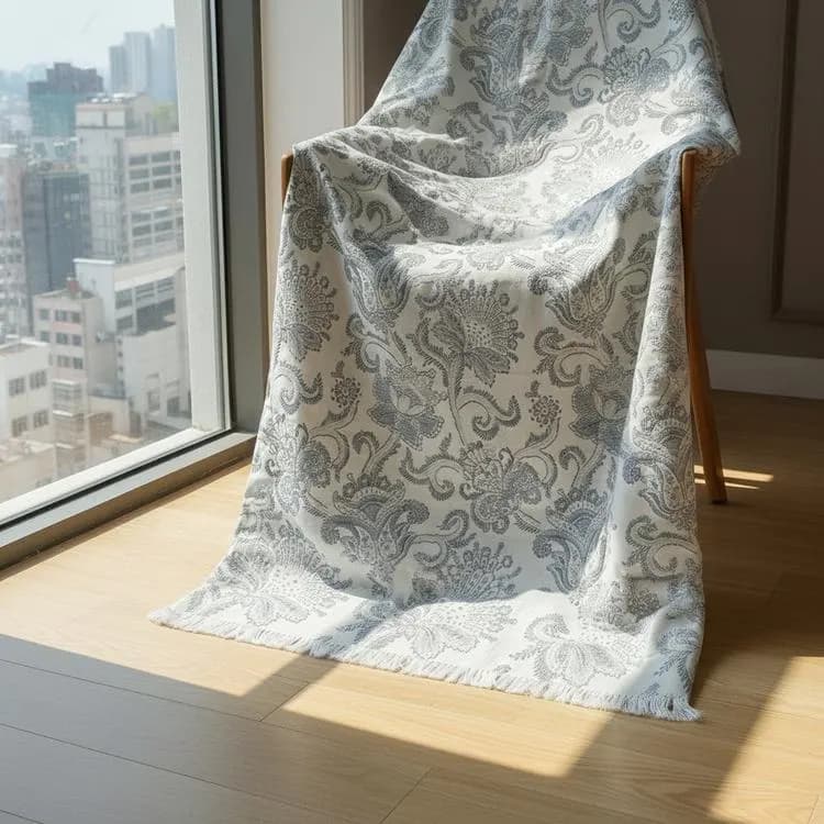 Egyptian Akhmim Grey White Cotton Throw Blanket Boho Floral Sofa Cover - image 3