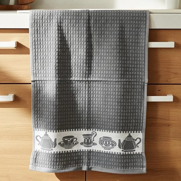 Grey Waffle Cotton Kitchen Towel, Tea Pot Pattern Dishcloth (18x26 inch) - image 4