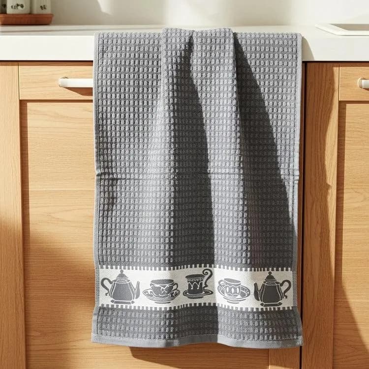 Grey Waffle Cotton Kitchen Towel, Tea Pot Pattern Dishcloth (18x26 inch) - image 5