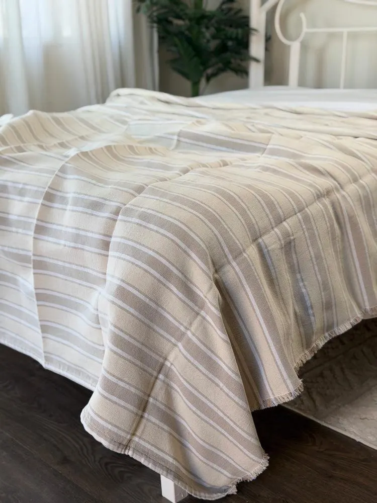 Handwoven Egyptian Cotton Bedspread, Beige Grey Striped Boho Throw Blanket