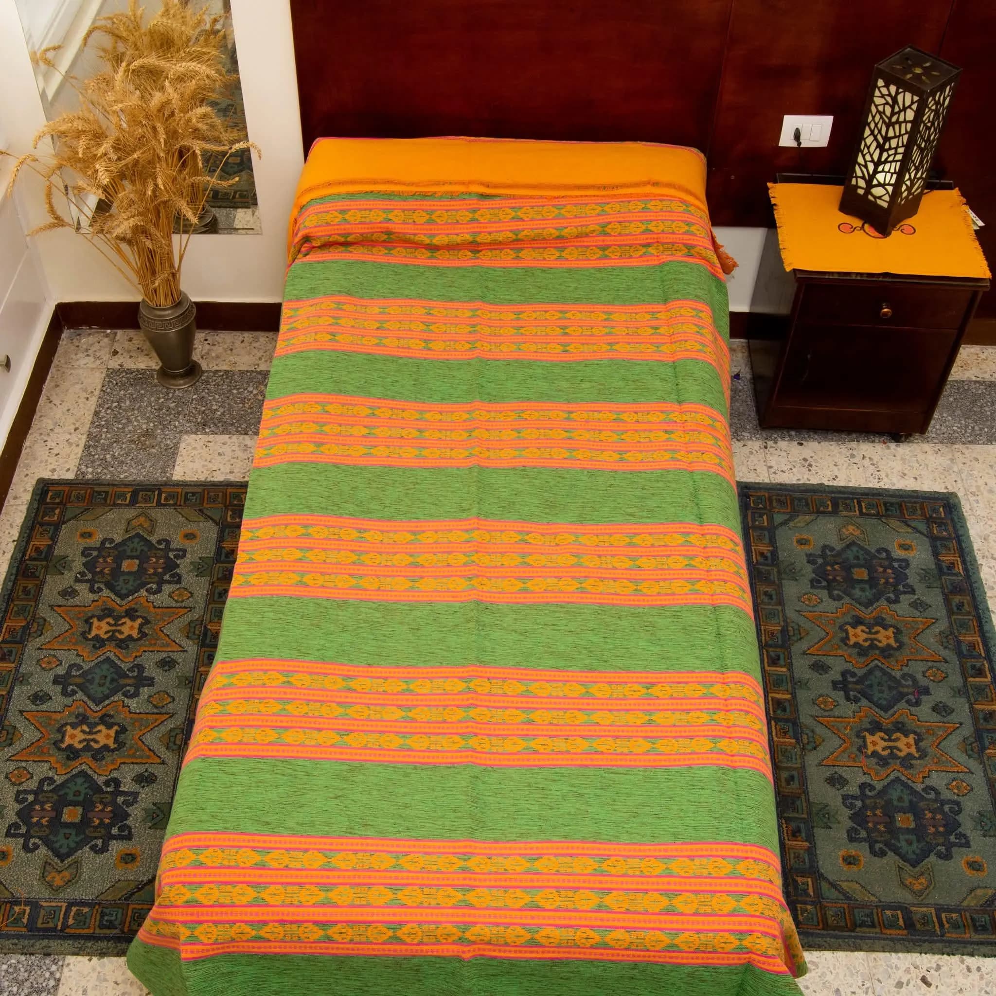 Akhmim Egypt Loom Products Green Bed Cover Throw Blanket, 94x63 inches, Handmade Egyptian Textile