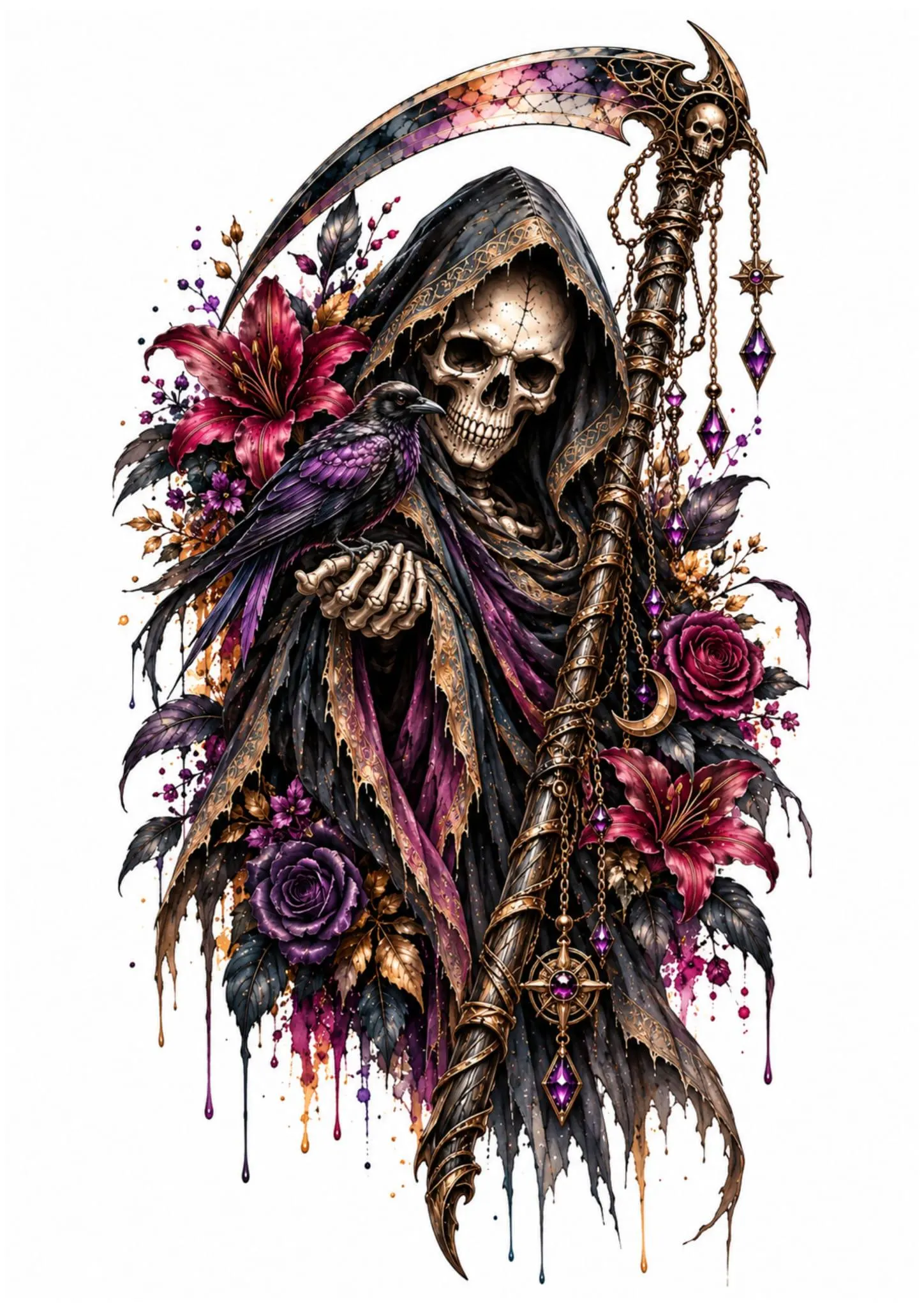 Dark Floral Skull Clipart, Gothic Skull PNG, Reaper Clipart, Transparent PNG, Gothic Clipart, 5 PNG Files, Digital Download - image 3