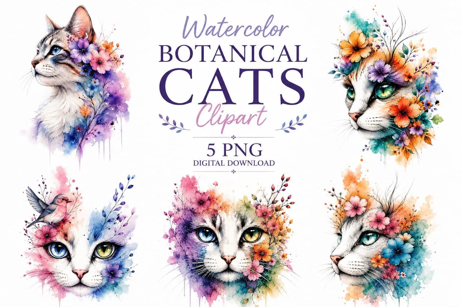Watercolor Cat Clipart PNG, Floral Botanical Cat Clip Art, Cute Cats, Transparent PNG, Digital Download, Sublimation, Scrapbooking - image 2